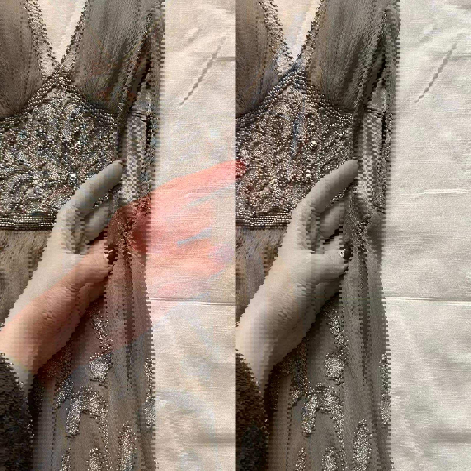 Cache champagne gold silk beaded bubble chiffon pleated hem detail mini dress