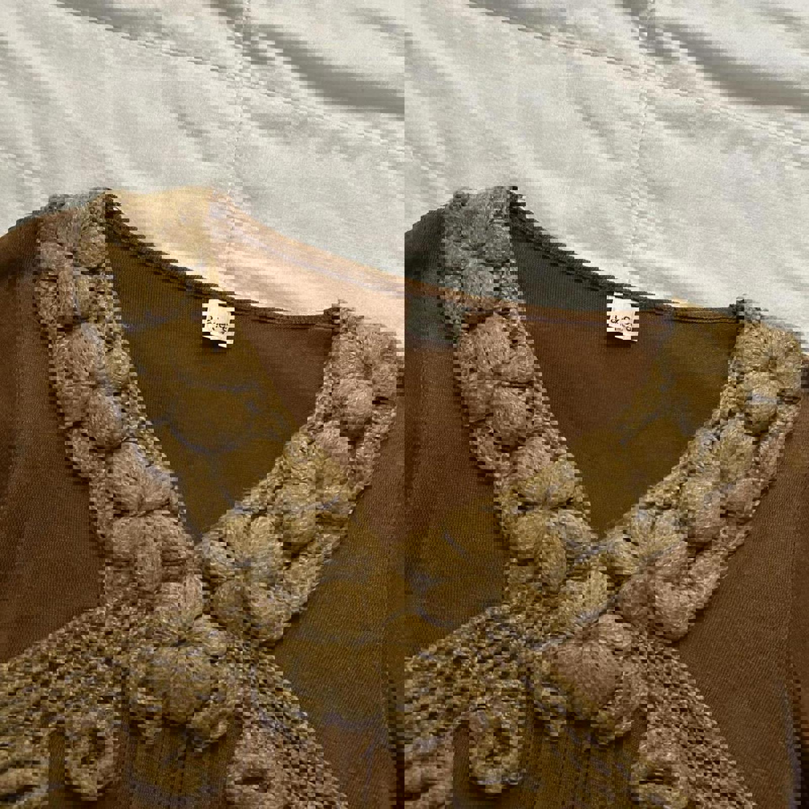 Axes Femme Orange Brown crochet detail long sleeve top with floral details