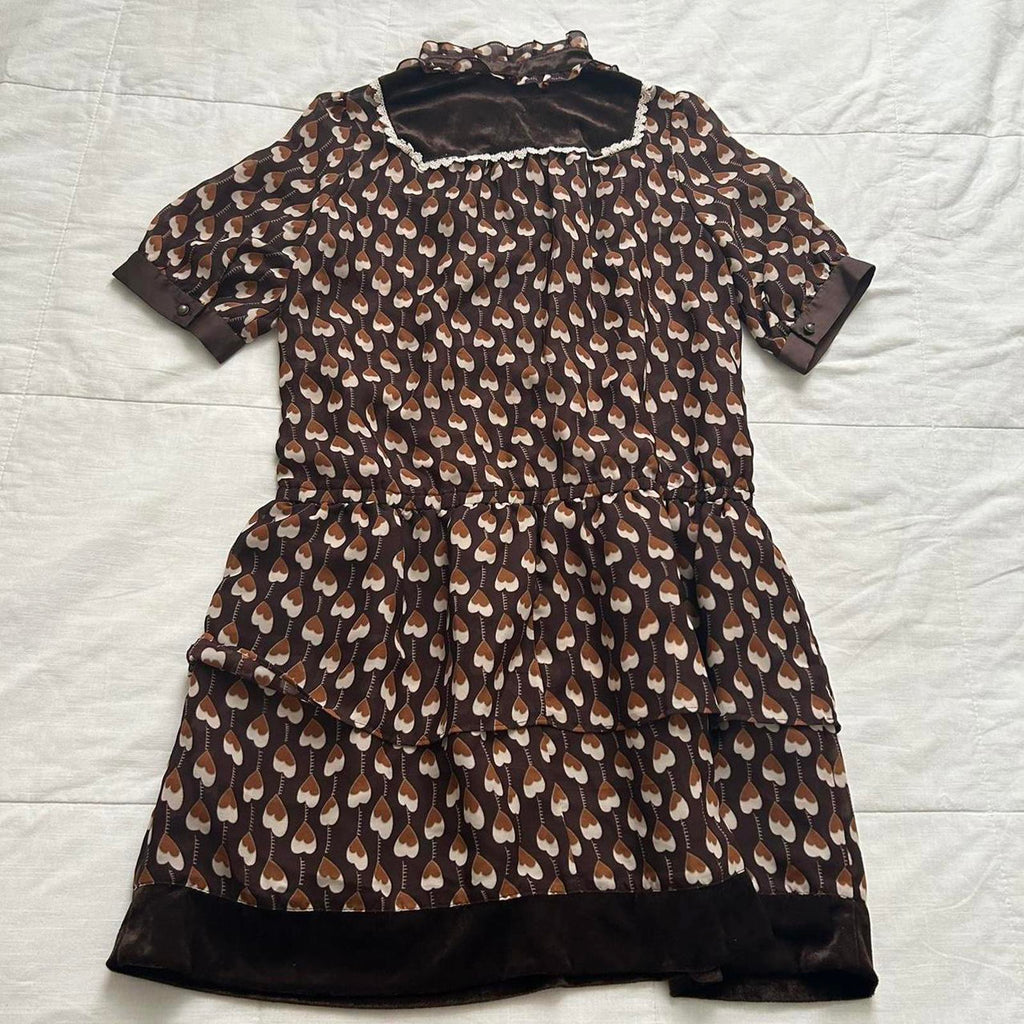 Axes Femme brown heart print high neck dress with ruffles