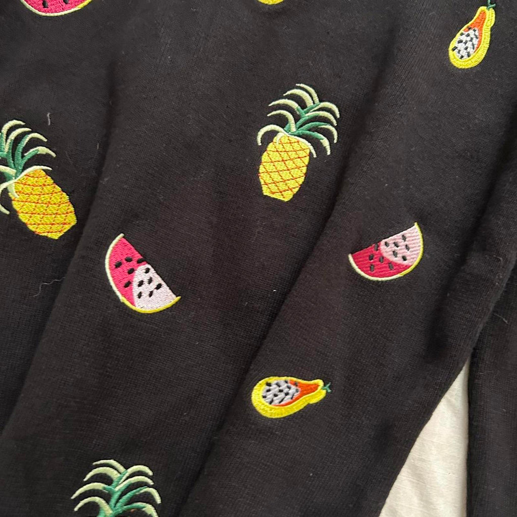 Alexandra Bartlett Black 3/4 sleeve sweater pineapple, watermelon, papaya