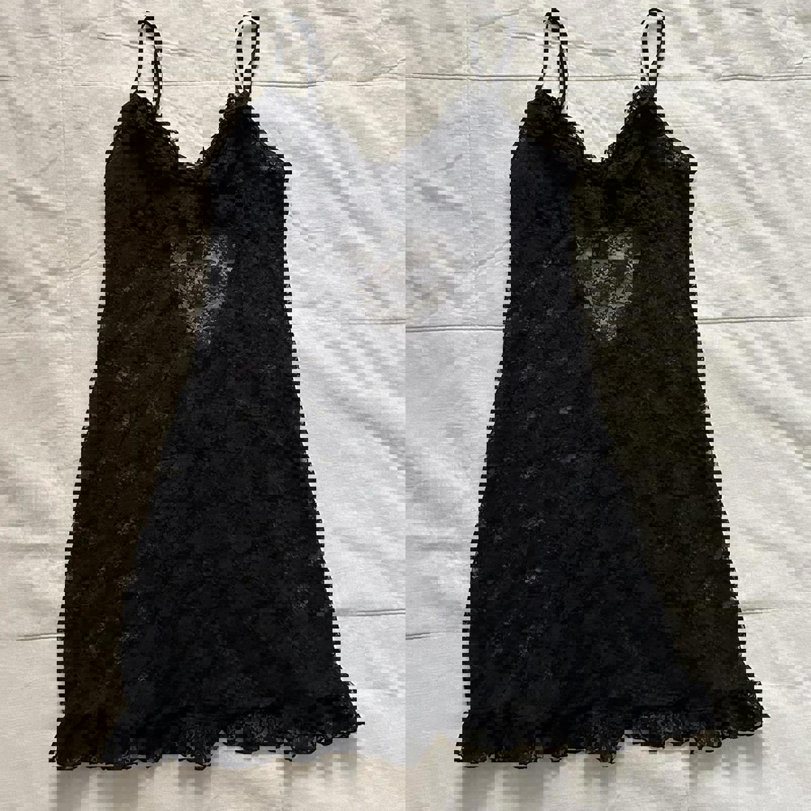 In Bloom Black lace slip dress with low back and ruffles at the bum Size medium