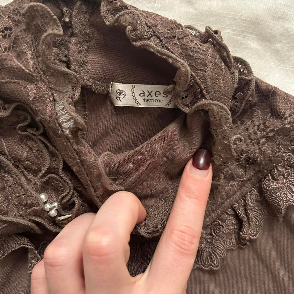 Axes Femme Brown long sleeve blouse lace high neck turtleneck Size medium