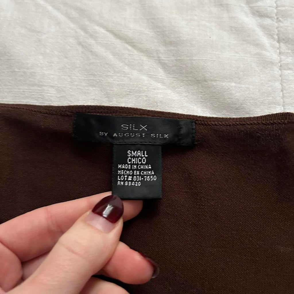 August Silk Brown prestyled layered look sweater top lace sequin underlay top