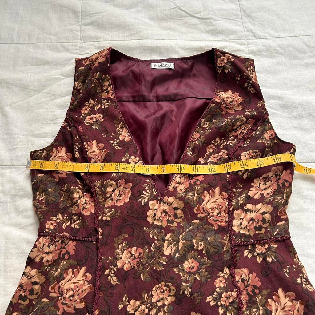 Axes Femme Burgundy floral print sleeveless deep v neckline dress sz medium