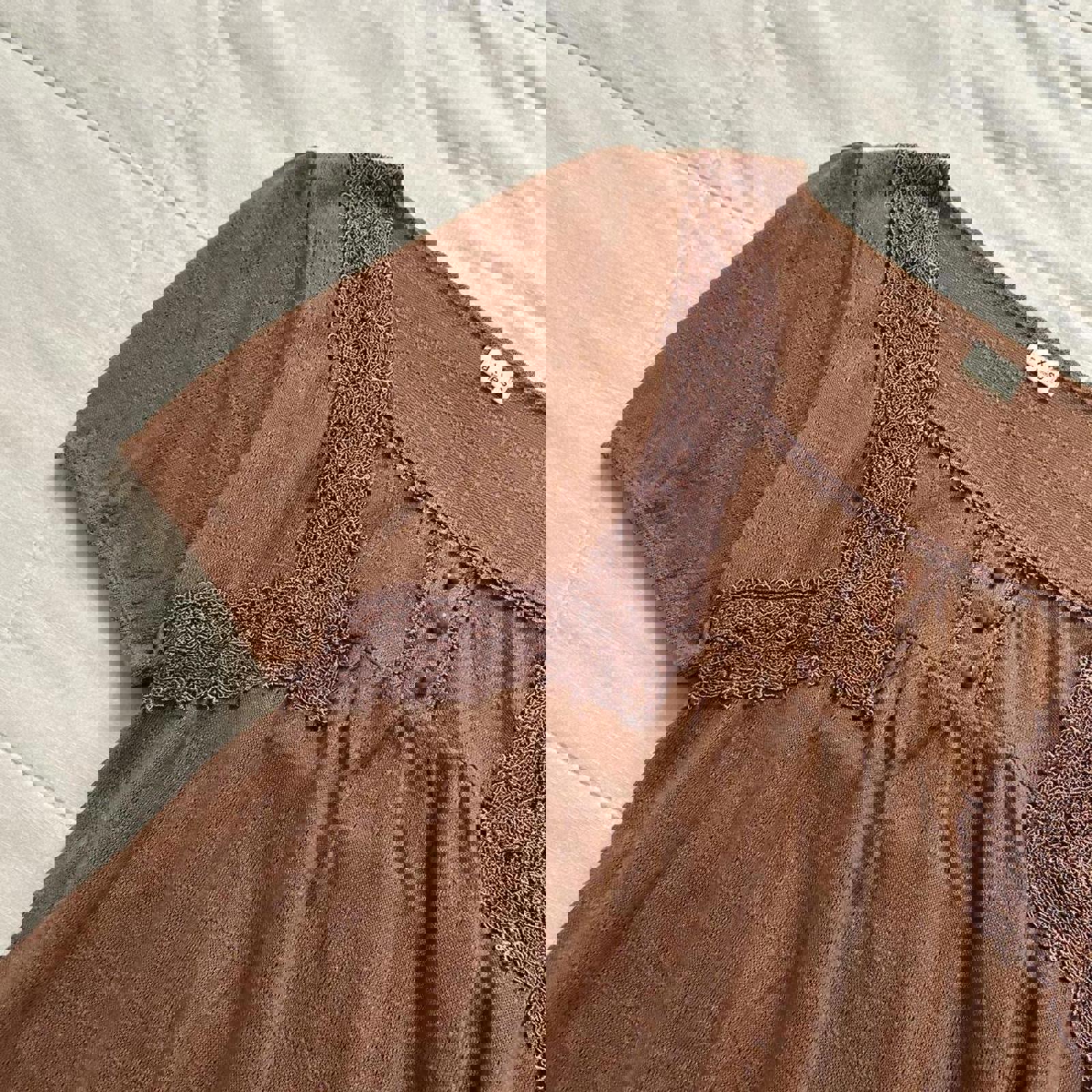 Axes Femme Orange Brown lace top with short sleeves and button detail