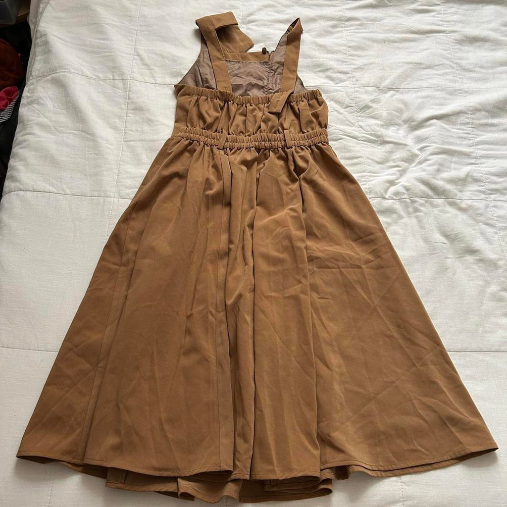 Axes Femme Brown midi dress with pinafore straps and zip detail at the front