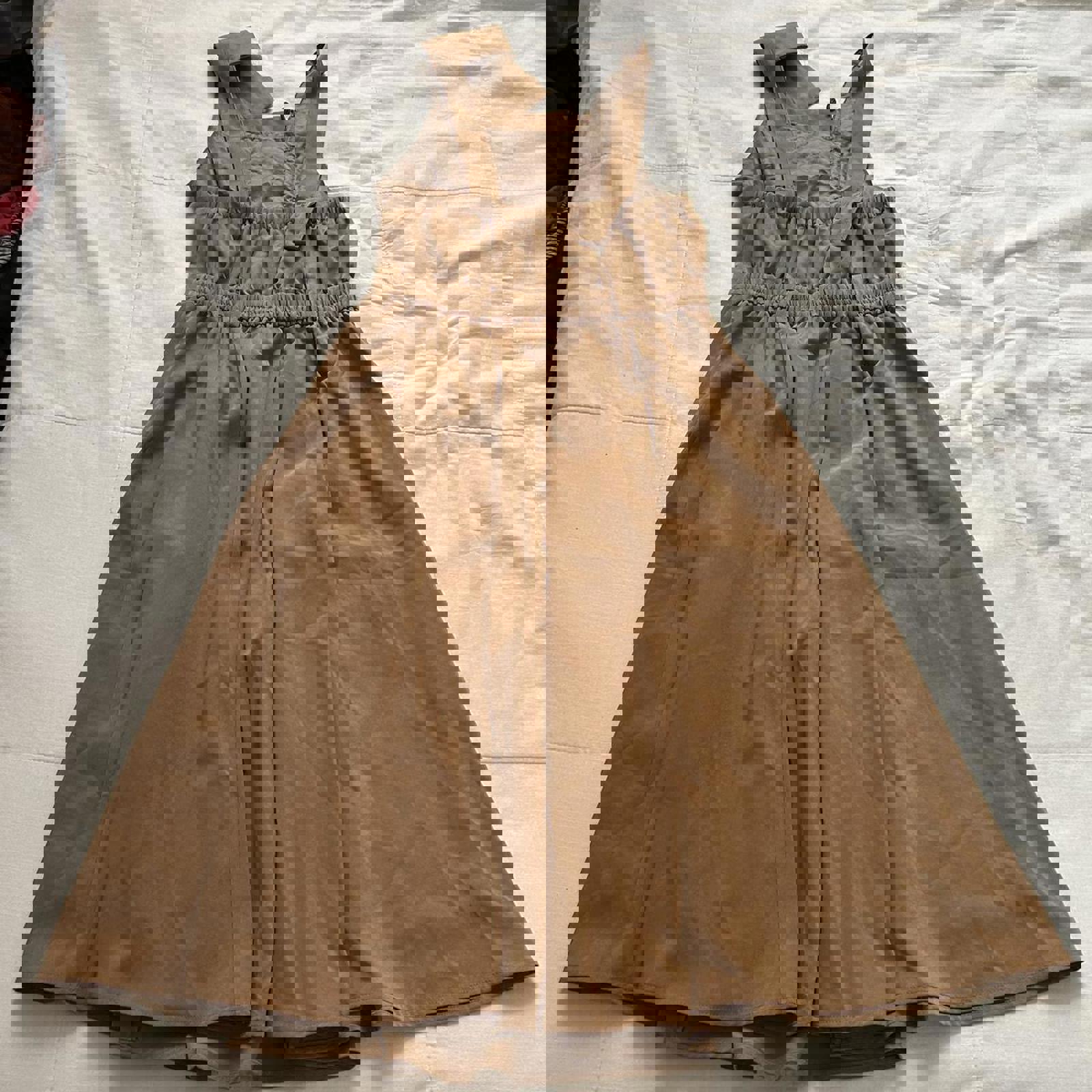 Axes Femme Brown midi dress with pinafore straps and zip detail at the front