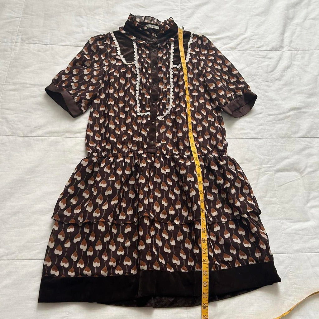 Axes Femme brown heart print high neck dress with ruffles