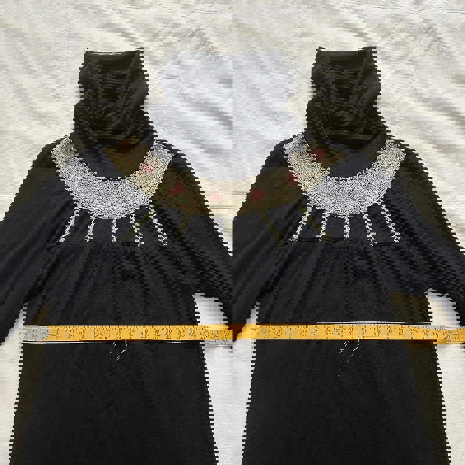 Axes Femme Black long sleeve turtleneck top with floral bib embroidery