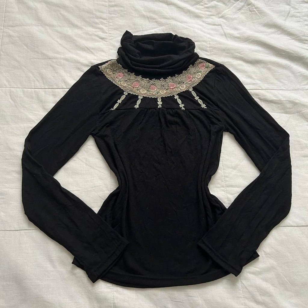 Axes Femme Black long sleeve turtleneck top with floral bib embroidery