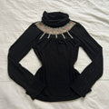 Axes Femme Black long sleeve turtleneck top with floral bib embroidery
