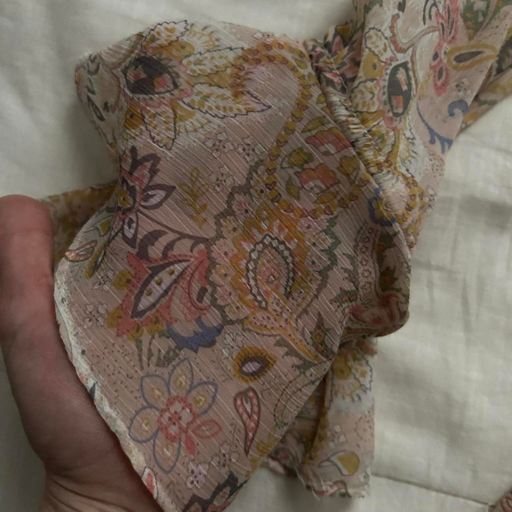 Dress Forum Pink blue sheer floral blouse with ruffles and tie front Size small