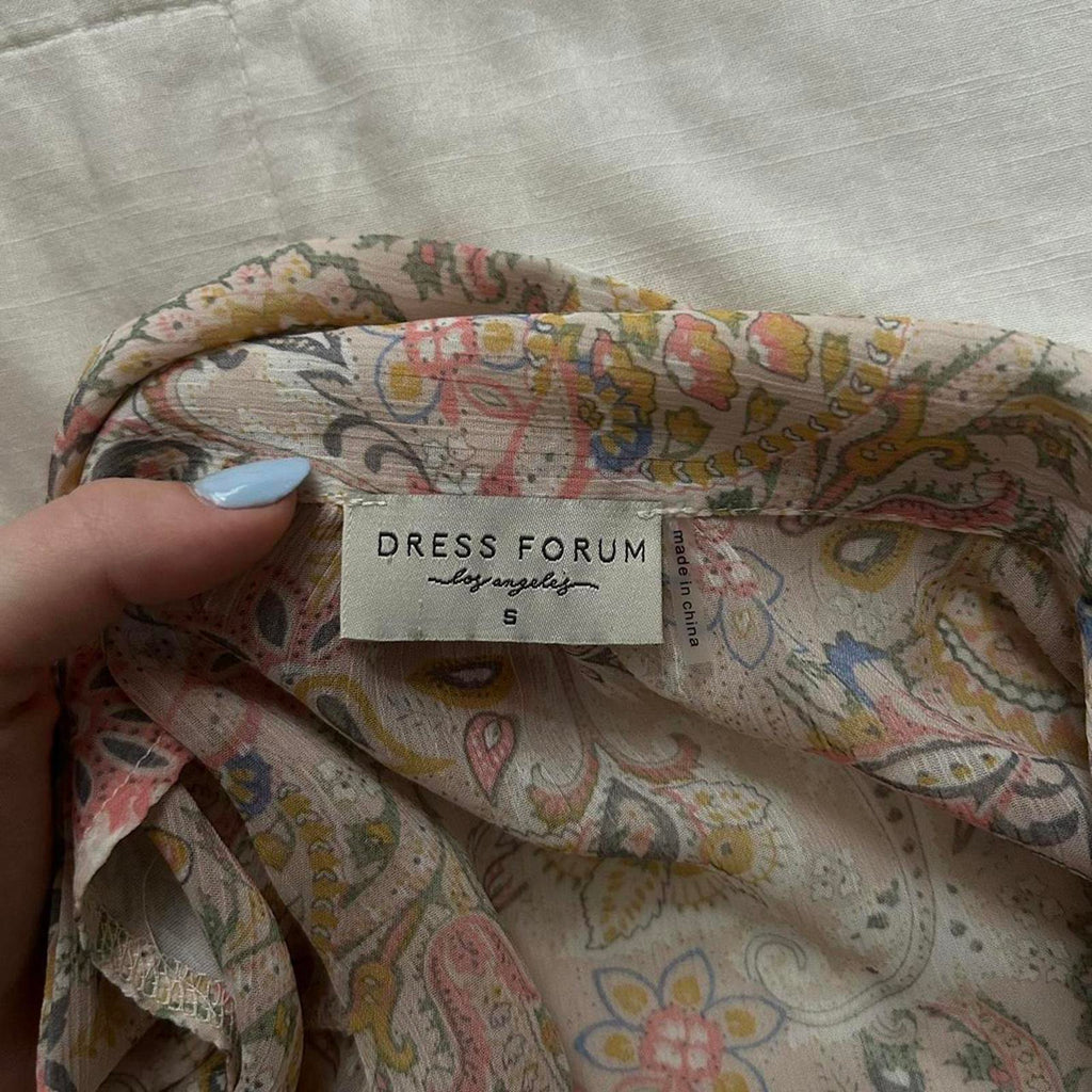 Dress Forum Pink blue sheer floral blouse with ruffles and tie front Size small