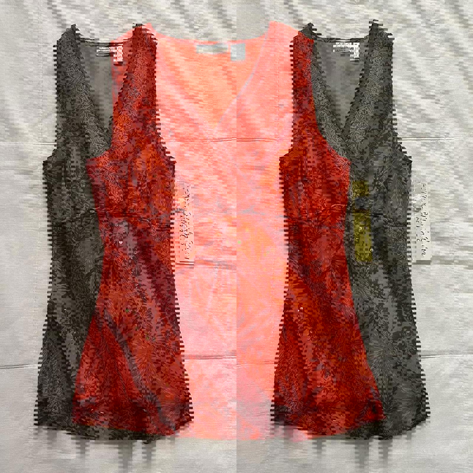 90s deadstock vintage Ny & Co Orange red floral print silk tank top sequins