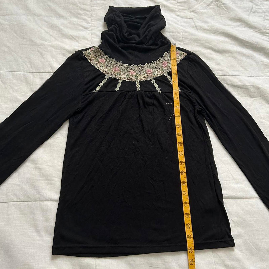 Axes Femme Black long sleeve turtleneck top with floral bib embroidery