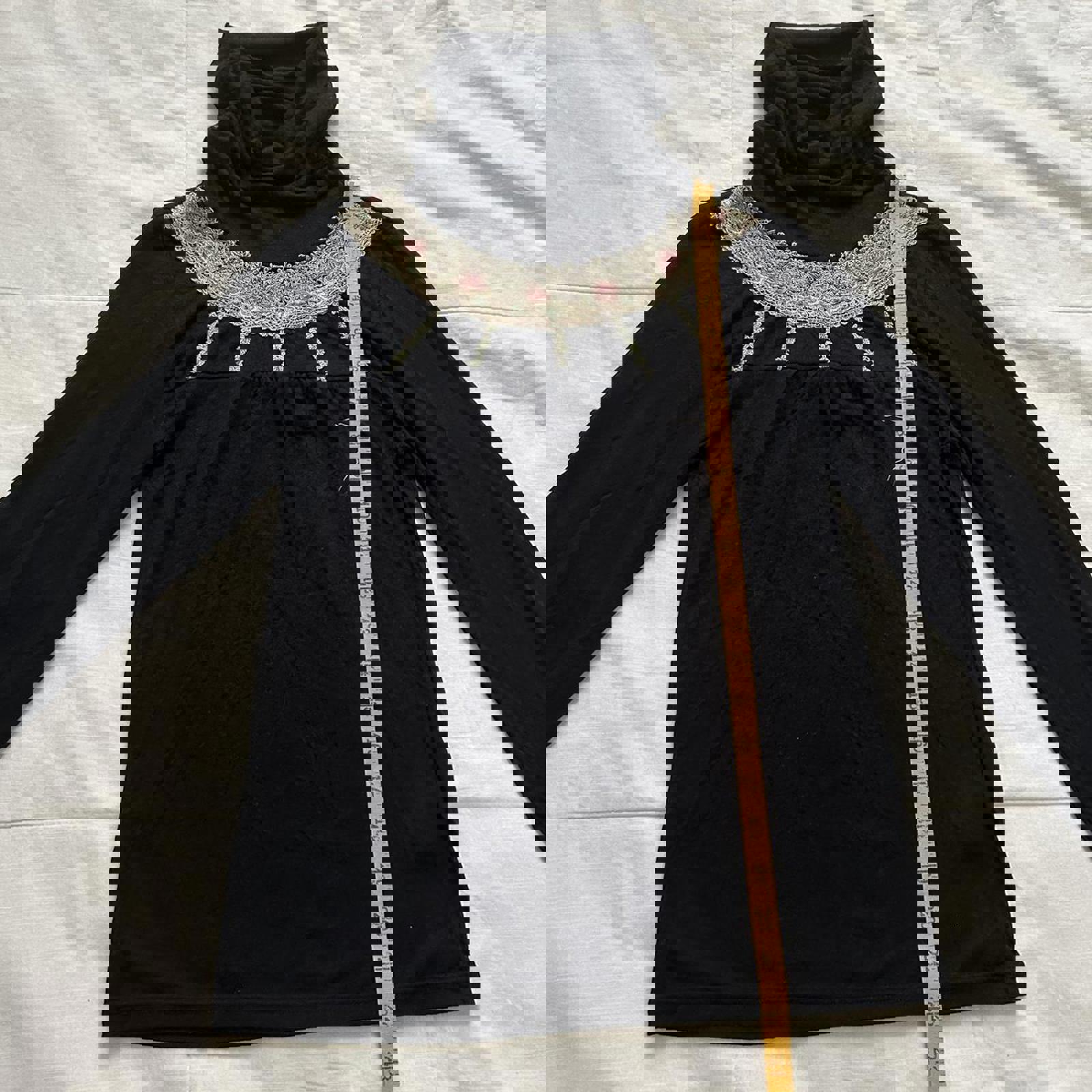 Axes Femme Black long sleeve turtleneck top with floral bib embroidery