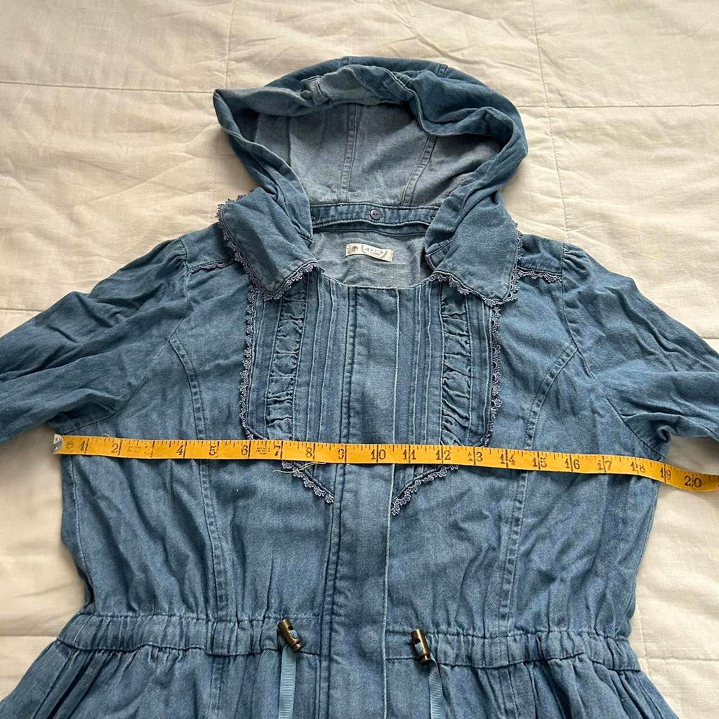 Axes Femme Blue chambray denim jacket with hood, tie waist and bubble hem