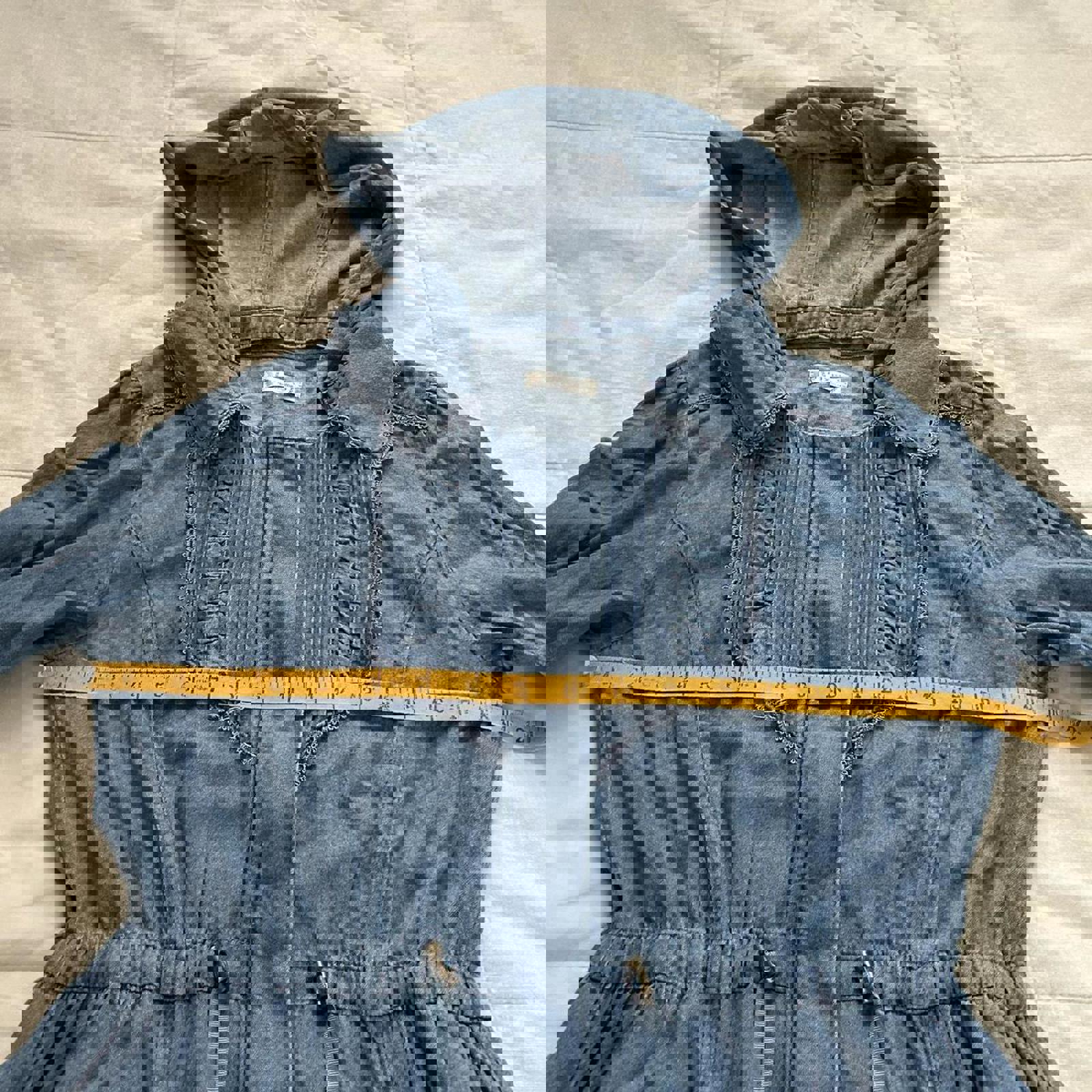 Axes Femme Blue chambray denim jacket with hood, tie waist and bubble hem