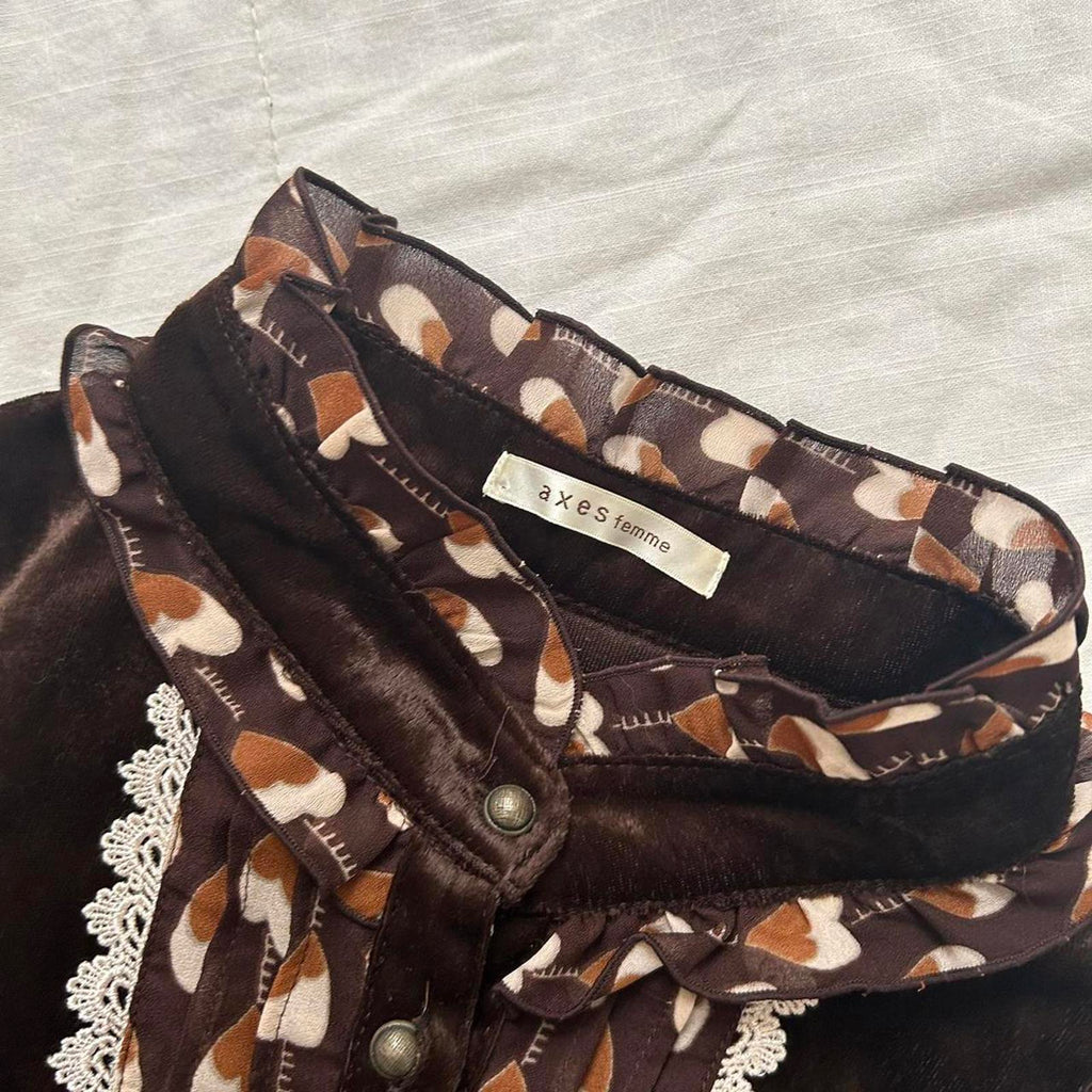 Axes Femme brown heart print high neck dress with ruffles