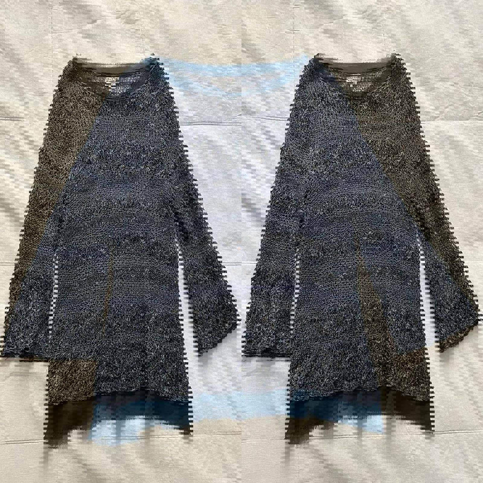 Ball of Cotton Navy blue open knit sweater with silk ruffle trim Size small