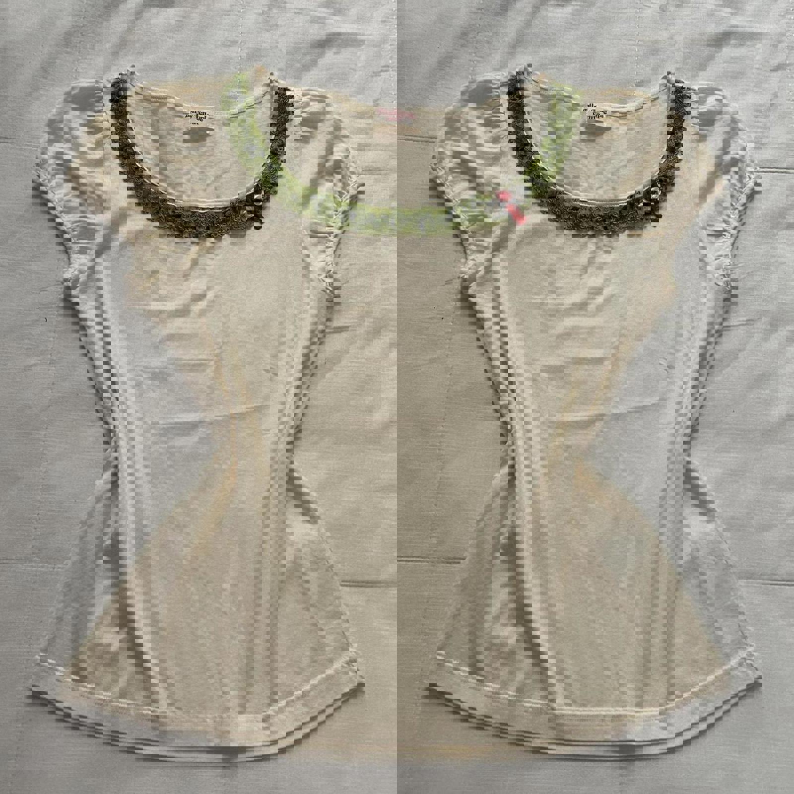 Emily Temple Cute Cream and green lace trim top with red charm detail