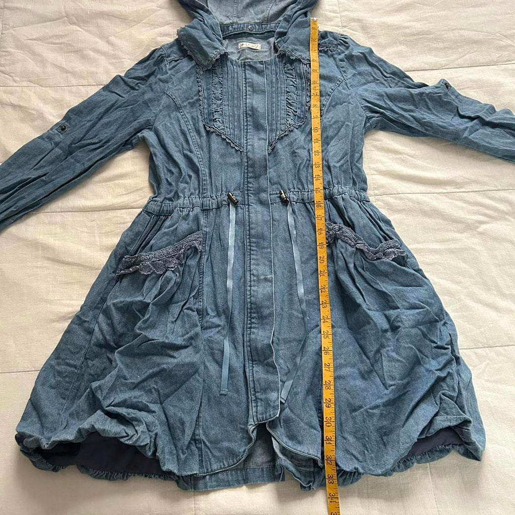 Axes Femme Blue chambray denim jacket with hood, tie waist and bubble hem