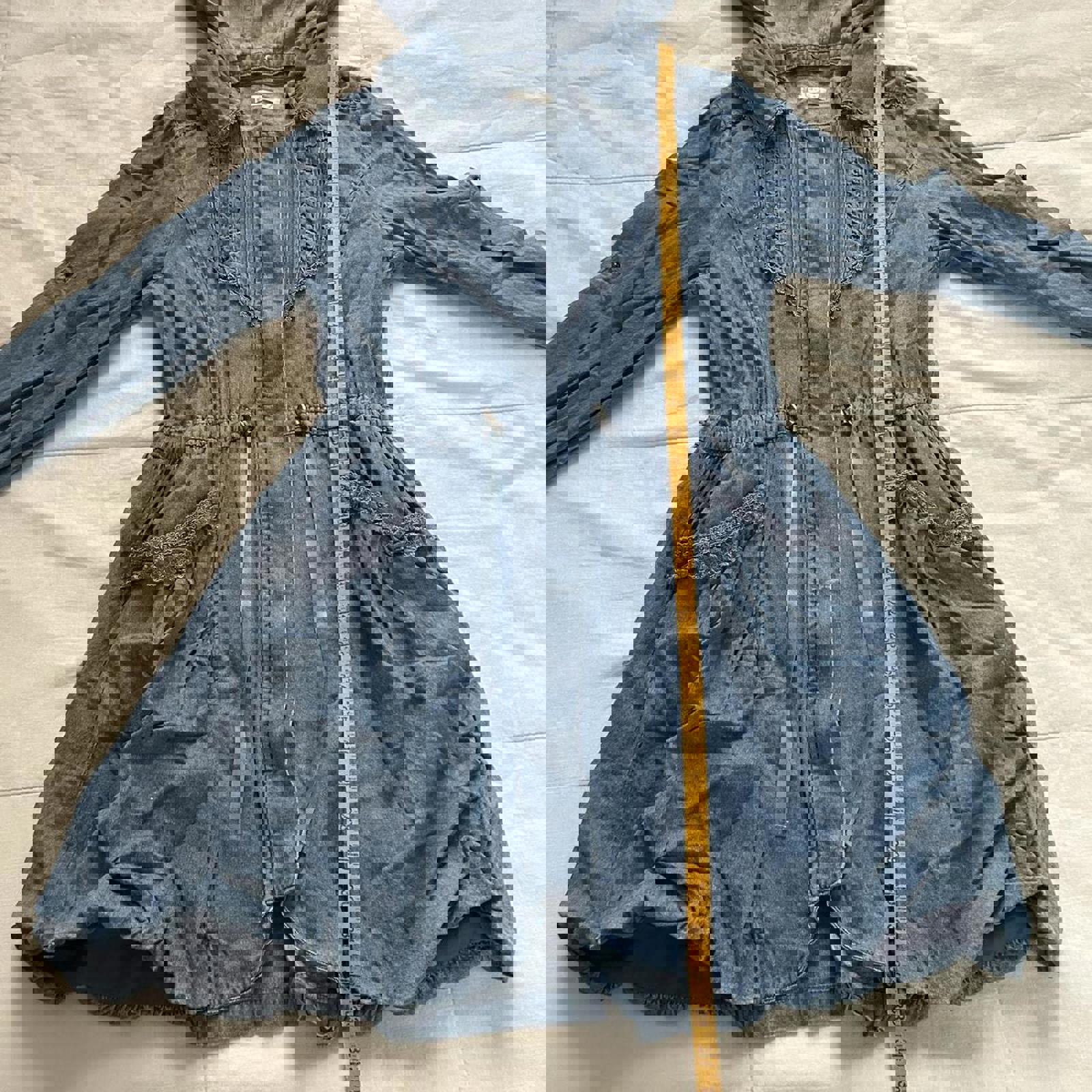 Axes Femme Blue chambray denim jacket with hood, tie waist and bubble hem