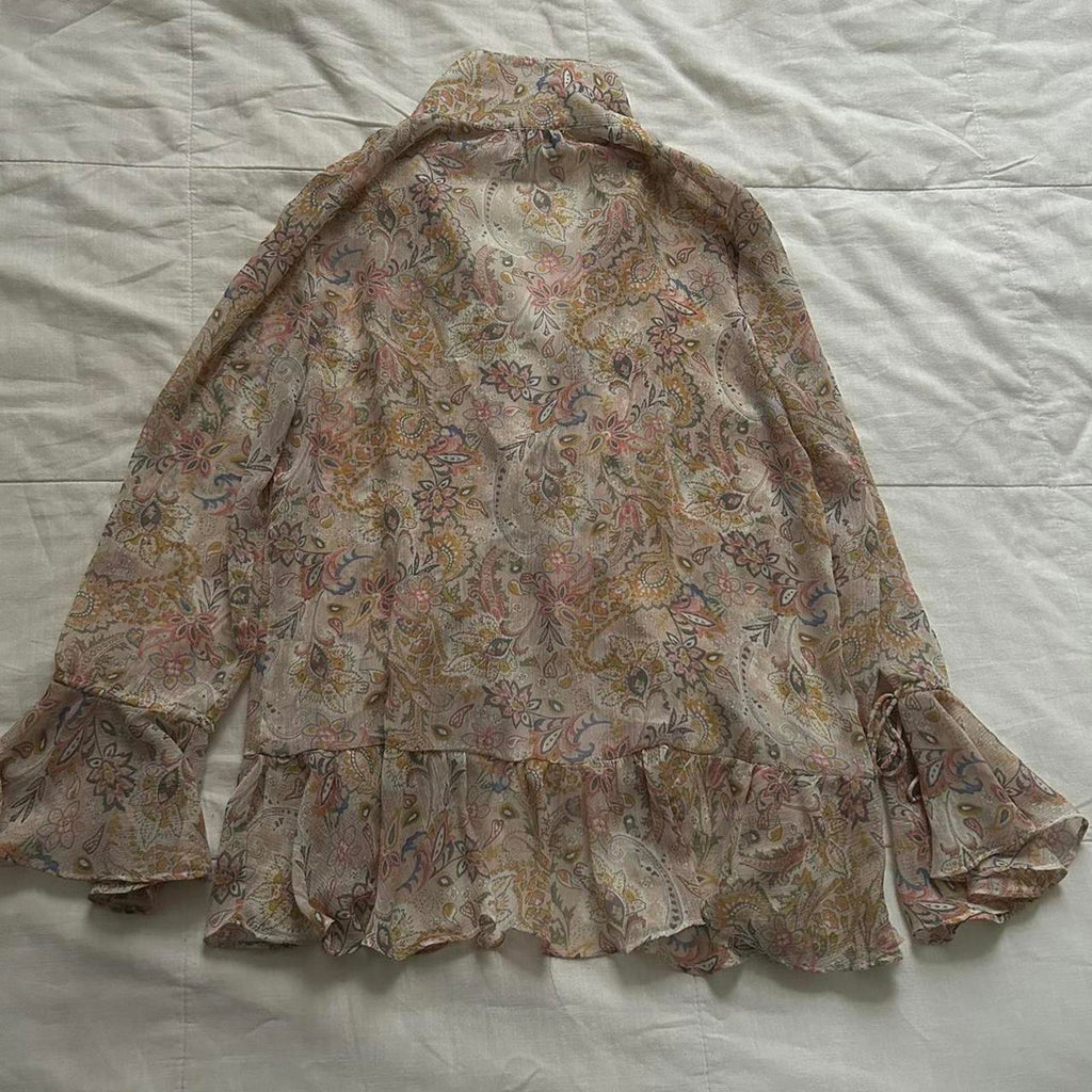 Dress Forum Pink blue sheer floral blouse with ruffles and tie front Size small