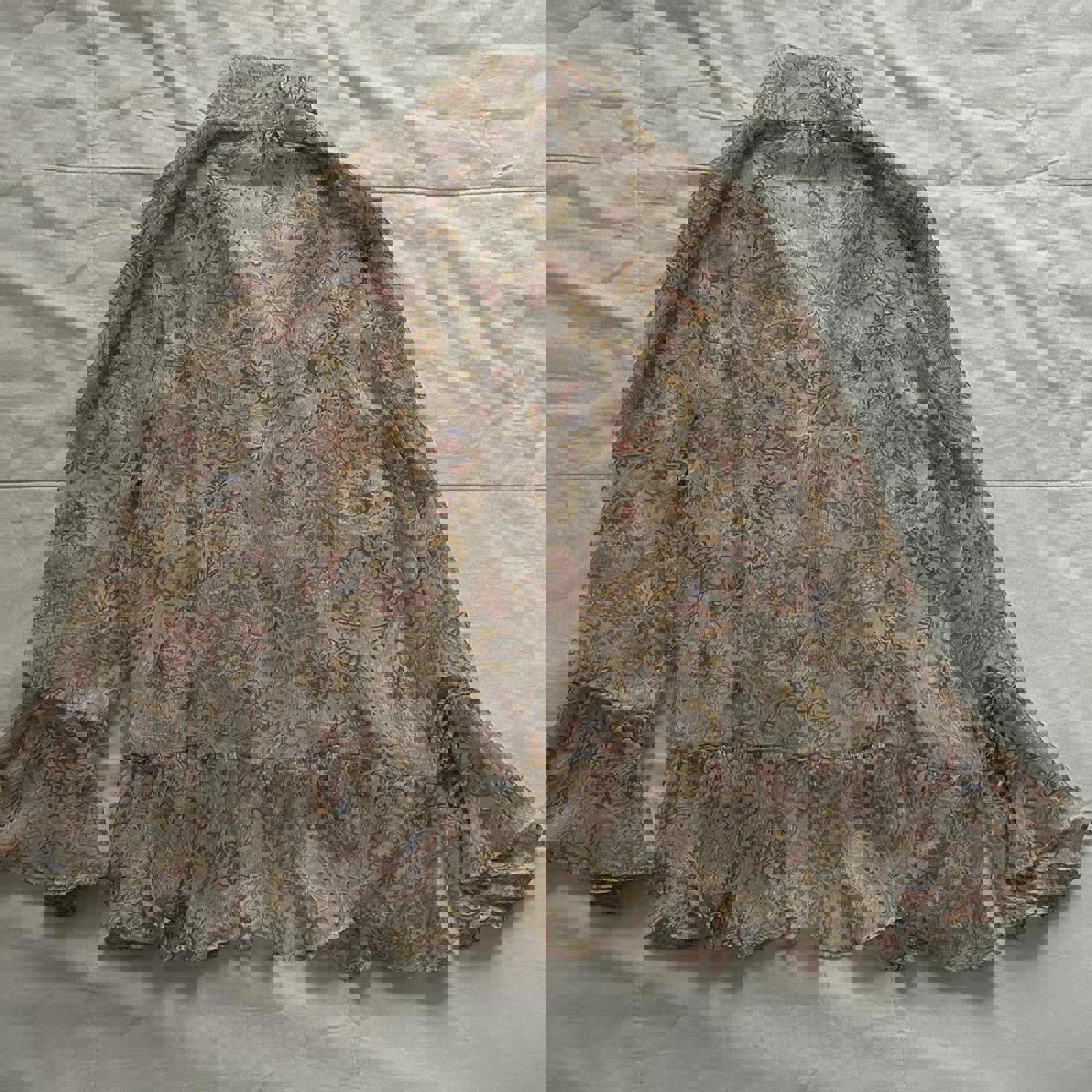 Dress Forum Pink blue sheer floral blouse with ruffles and tie front Size small