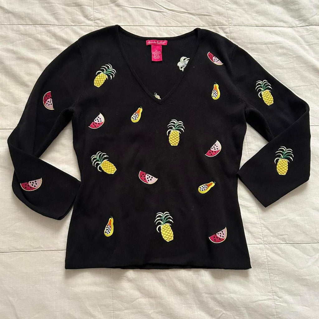 Alexandra Bartlett Black 3/4 sleeve sweater pineapple, watermelon, papaya