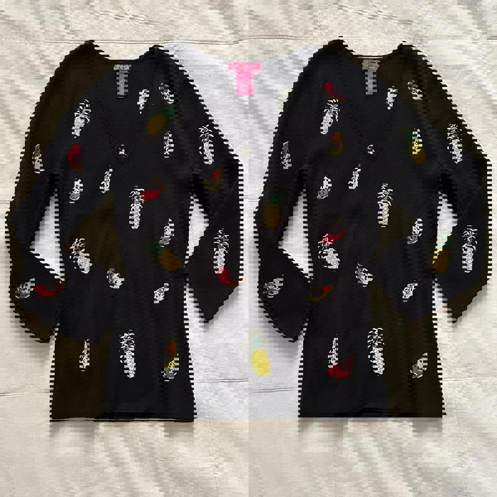 Alexandra Bartlett Black 3/4 sleeve sweater pineapple, watermelon, papaya