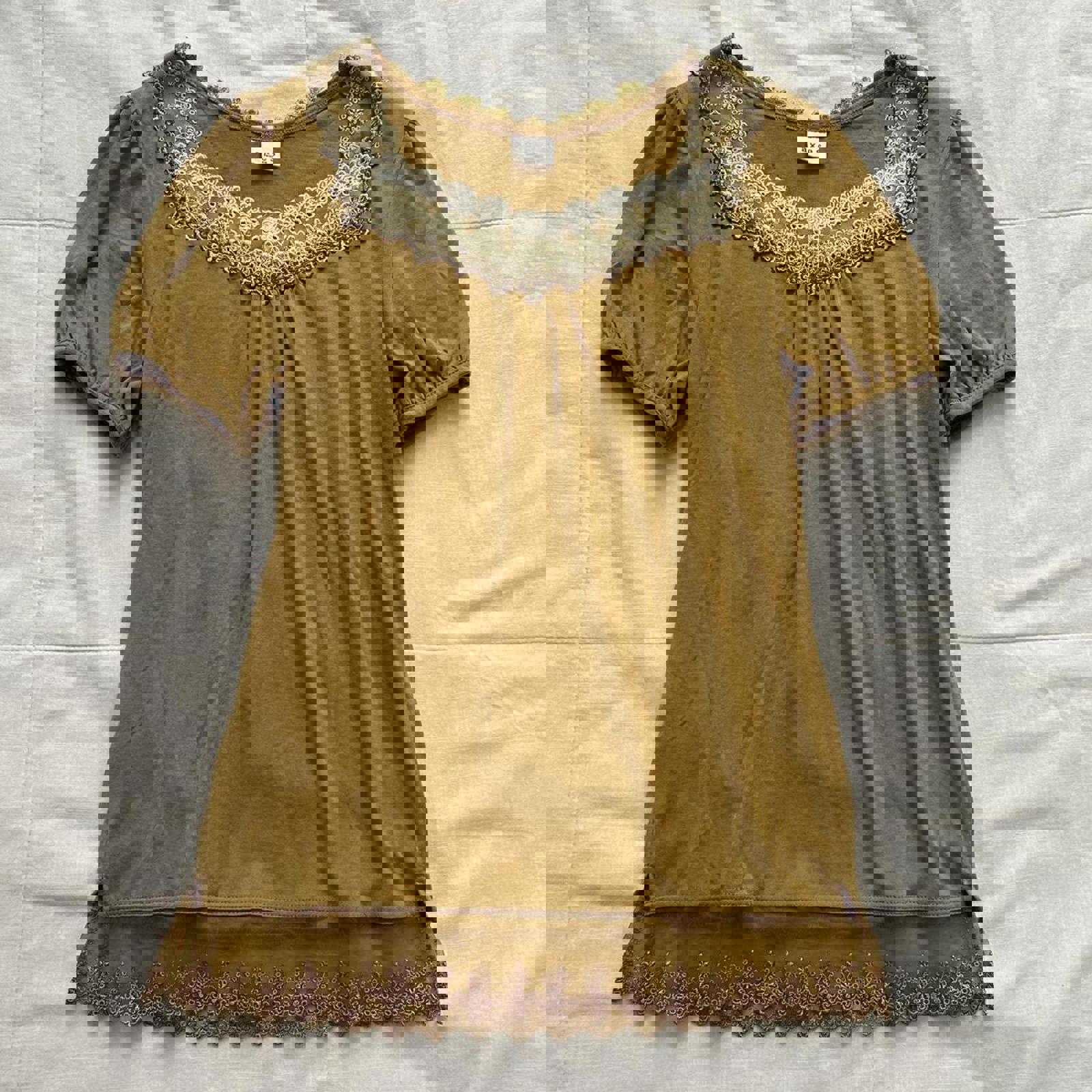 Axes Femme mustard yellow short sleeve tee with lace bib detailing Size medium