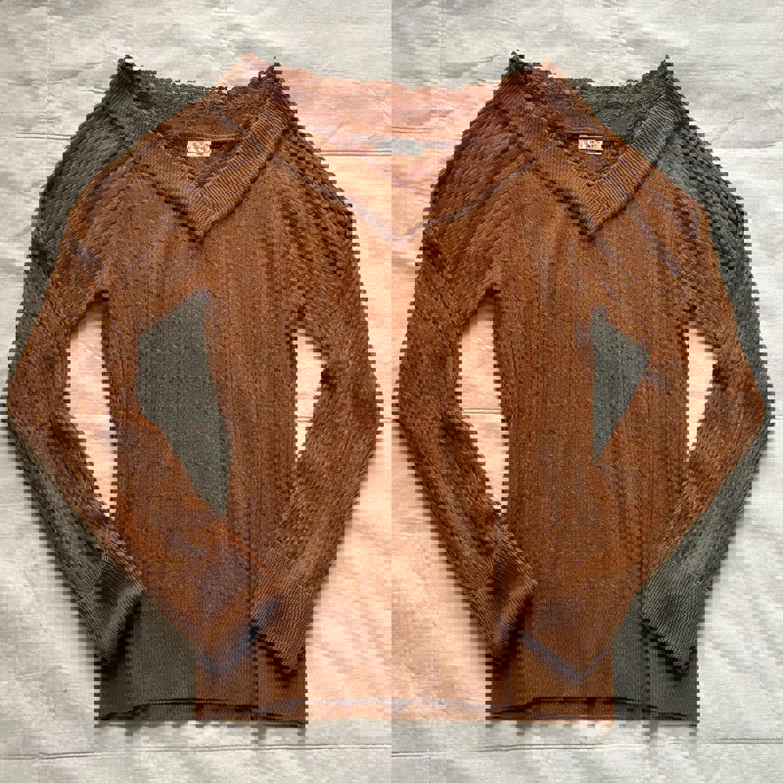 Axes Femme orange lace trim v neck ribbed cable knit sweater with a vintage vibe