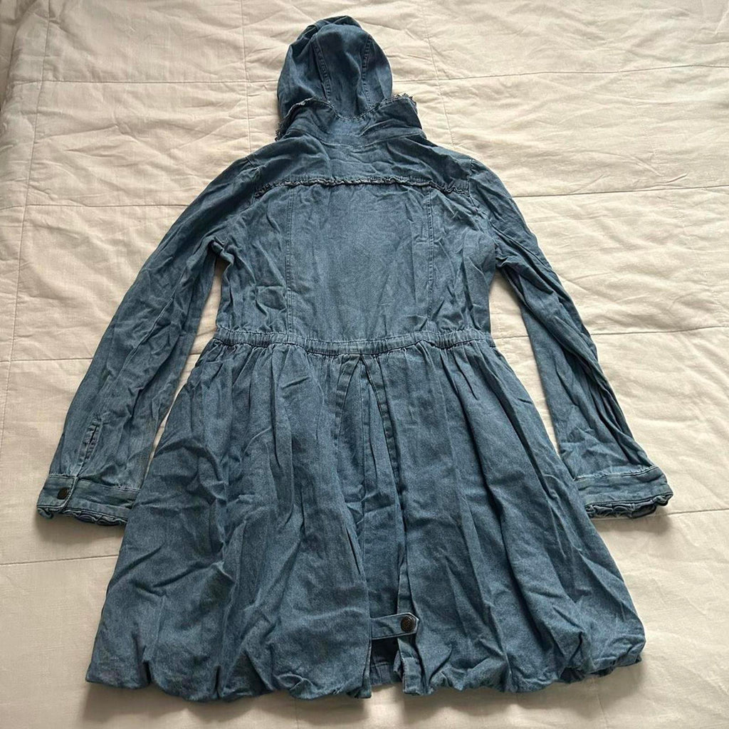 Axes Femme Blue chambray denim jacket with hood, tie waist and bubble hem