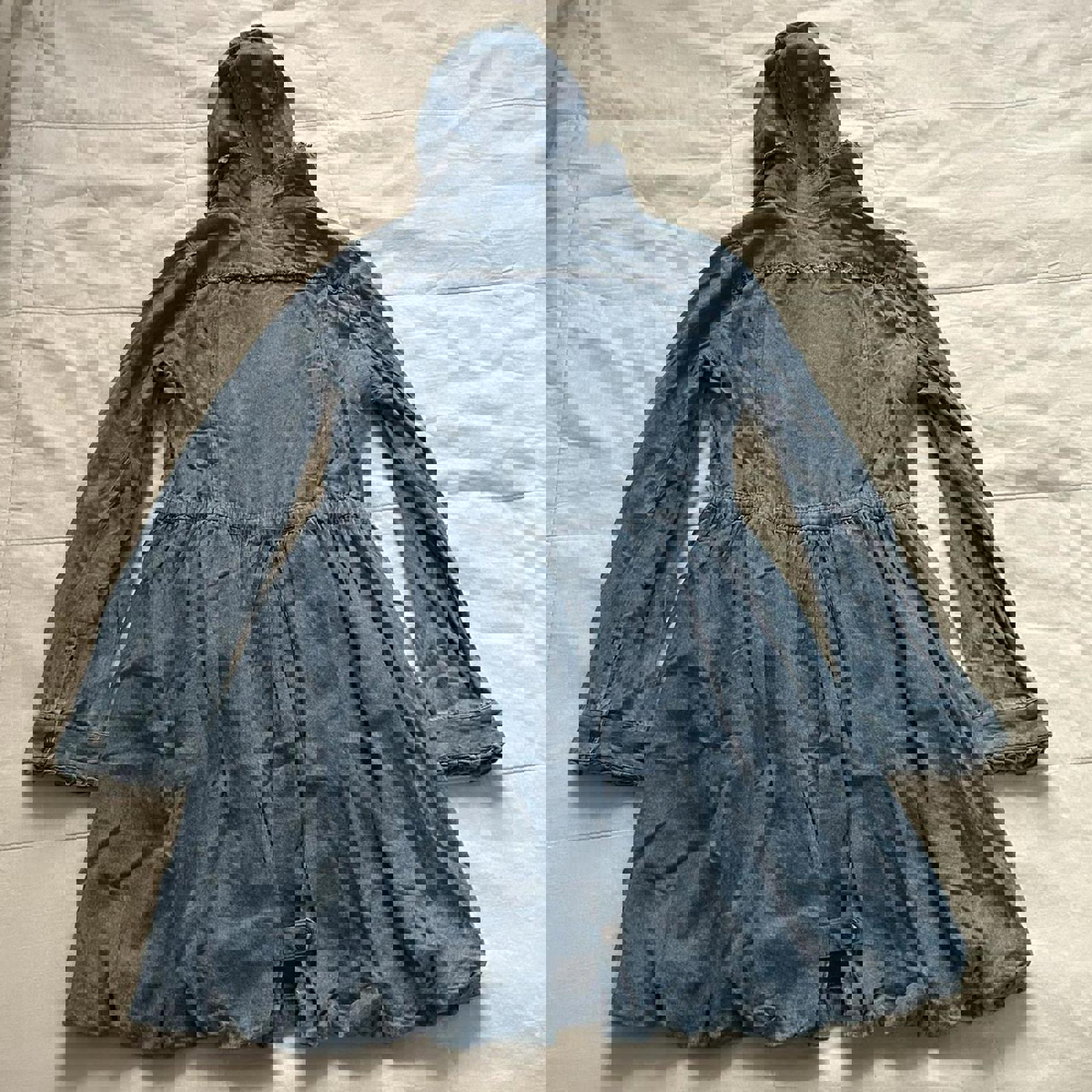 Axes Femme Blue chambray denim jacket with hood, tie waist and bubble hem