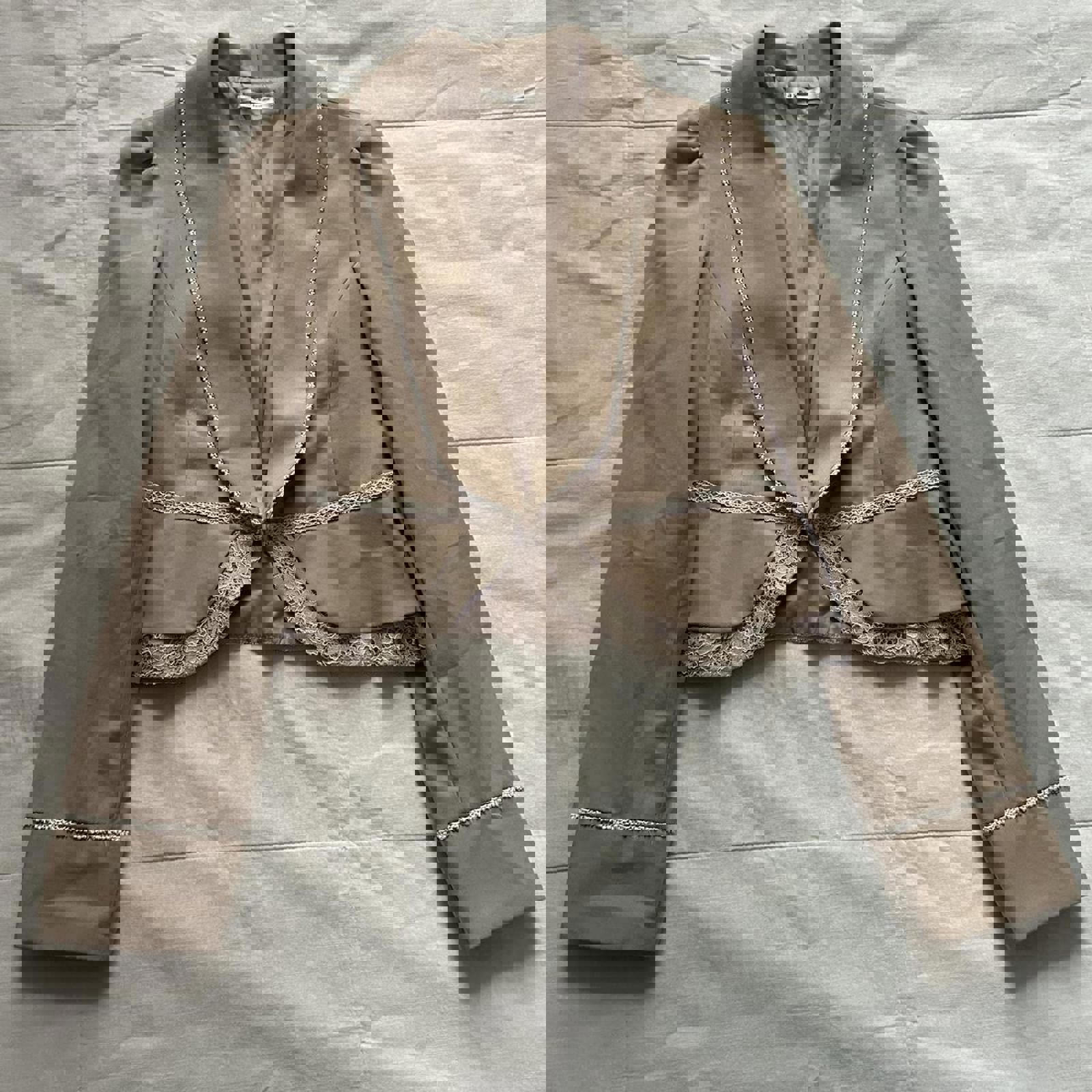 Axes Femme tan draped collar jacket with lace detailing Size medium