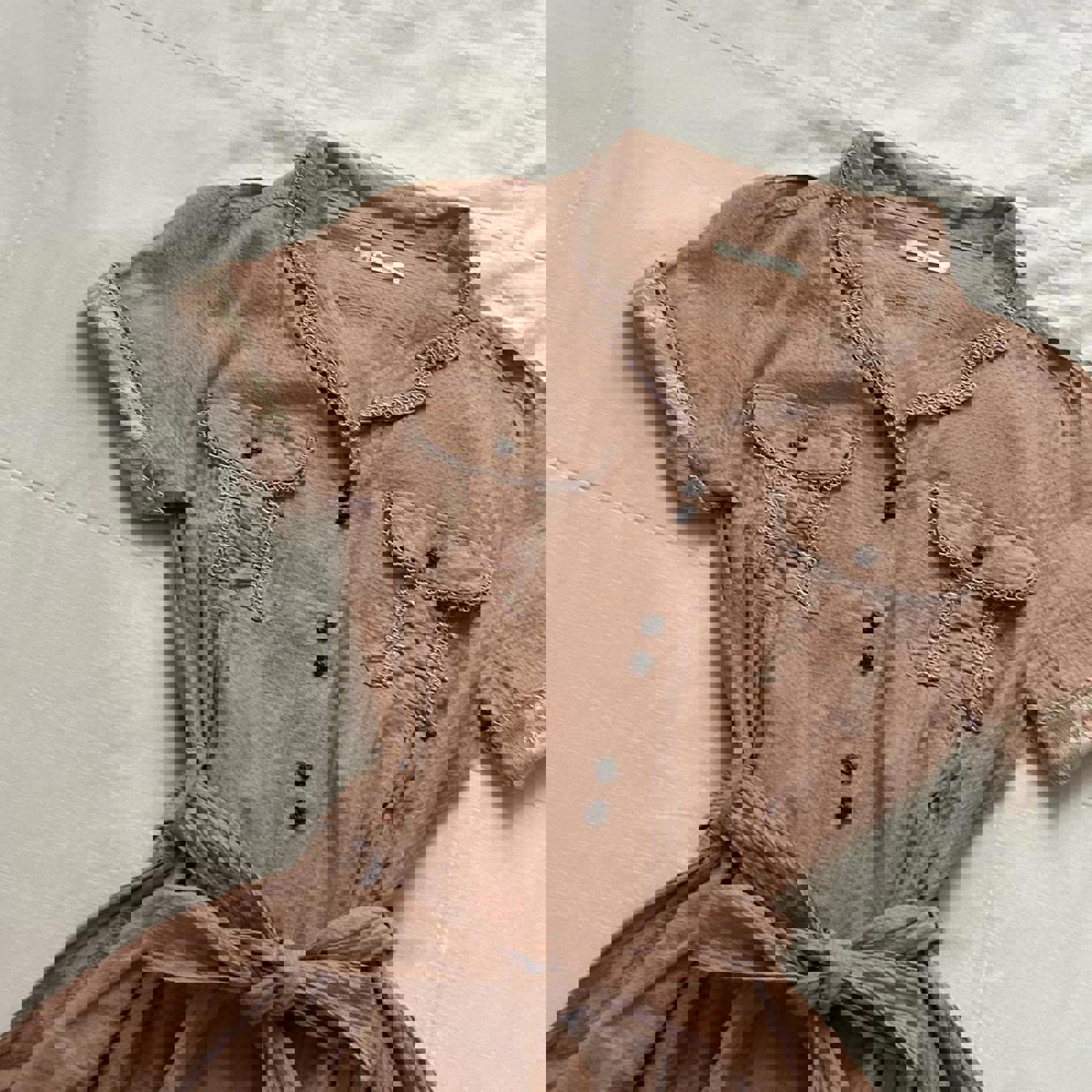 Axes Femme tan button-up collared dress with tie waist