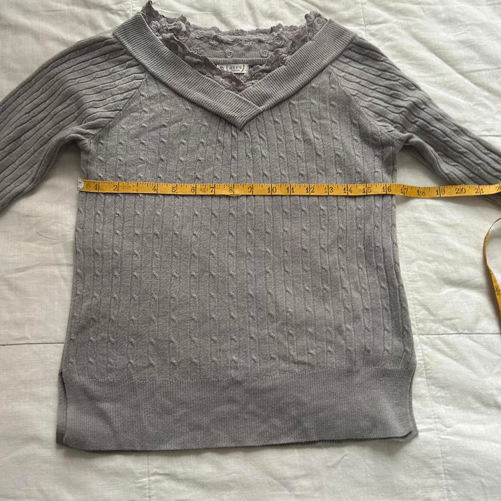 Axes Femme cozy Grey long sleeve sweater with v neck and lace trim Size medium