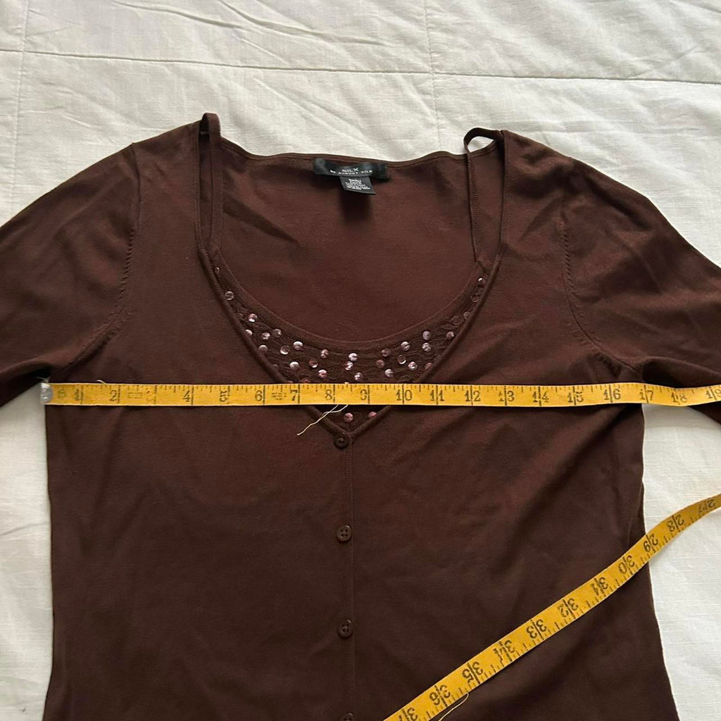 August Silk Brown prestyled layered look sweater top lace sequin underlay top
