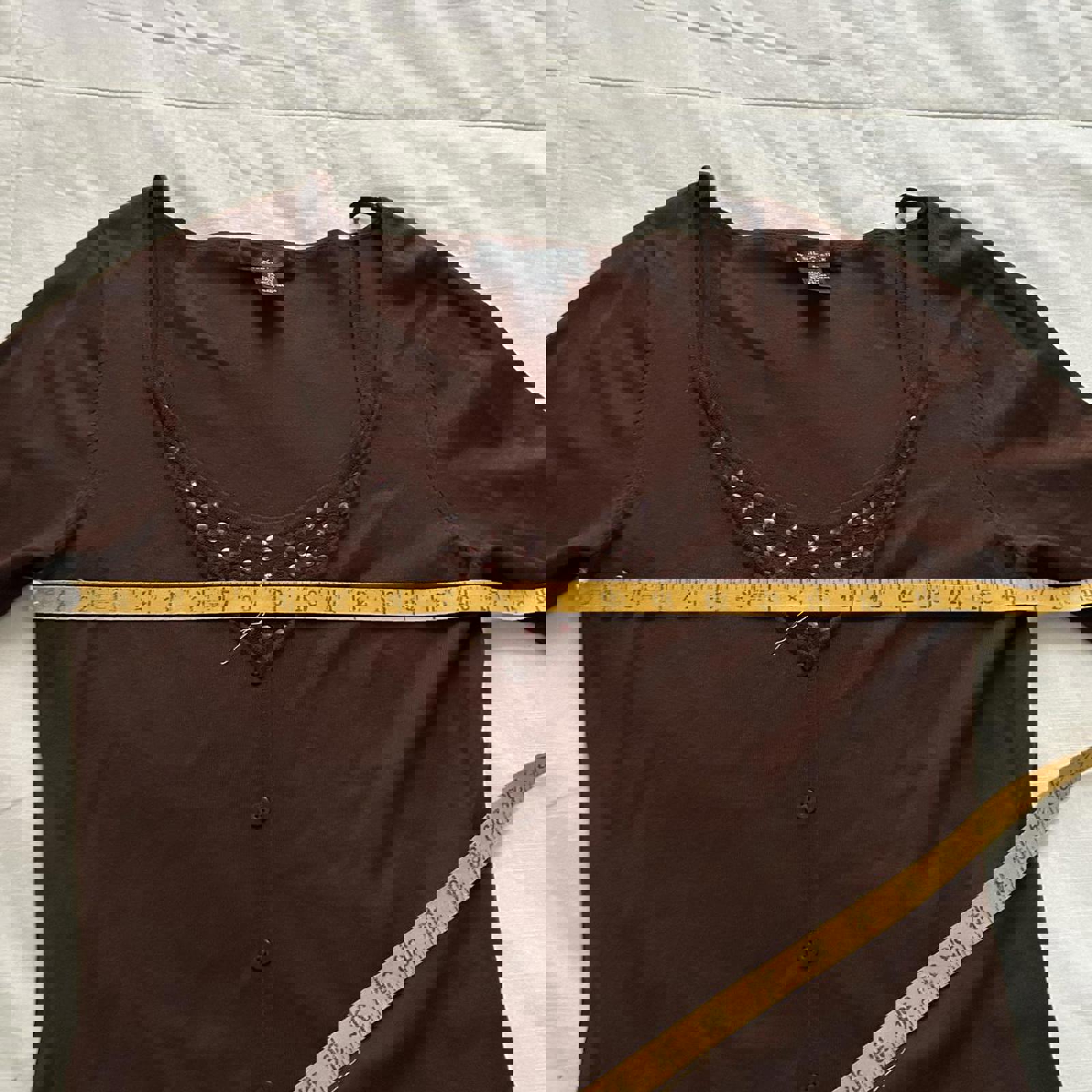 August Silk Brown prestyled layered look sweater top lace sequin underlay top