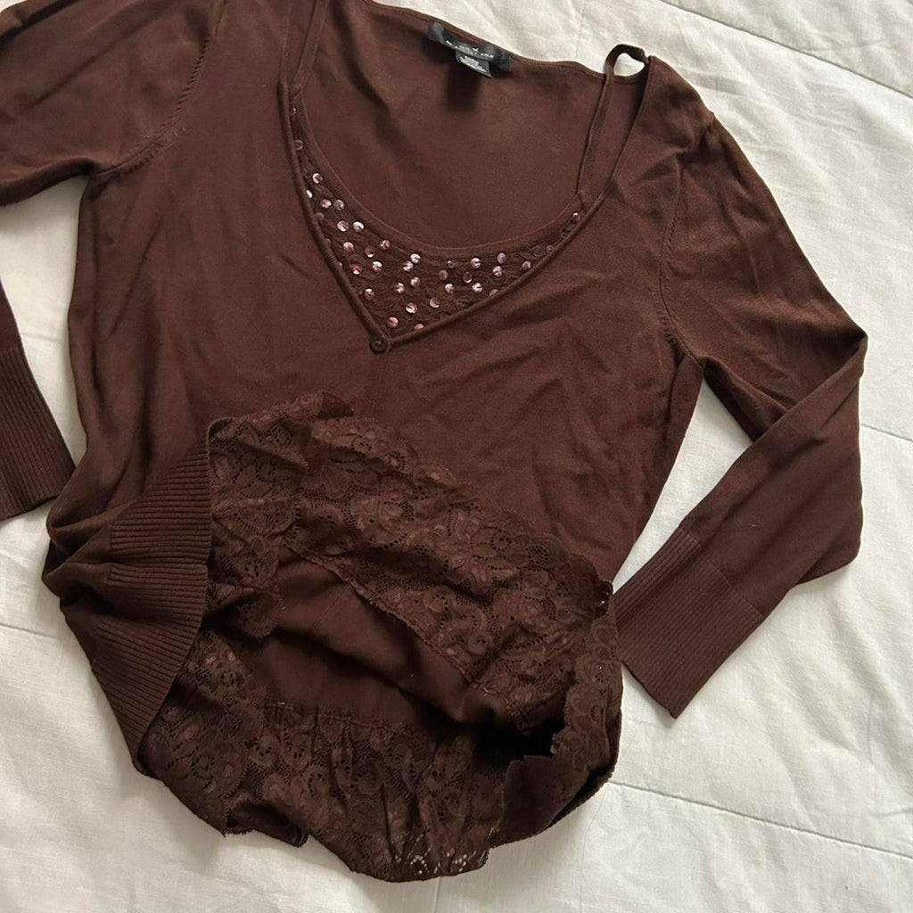 August Silk Brown prestyled layered look sweater top lace sequin underlay top