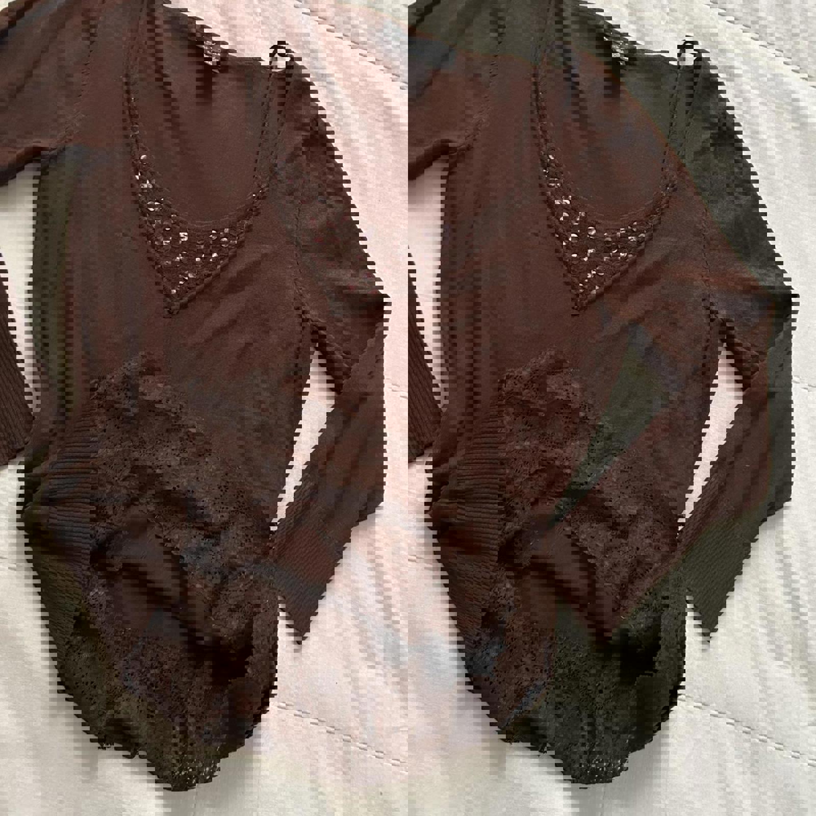 August Silk Brown prestyled layered look sweater top lace sequin underlay top