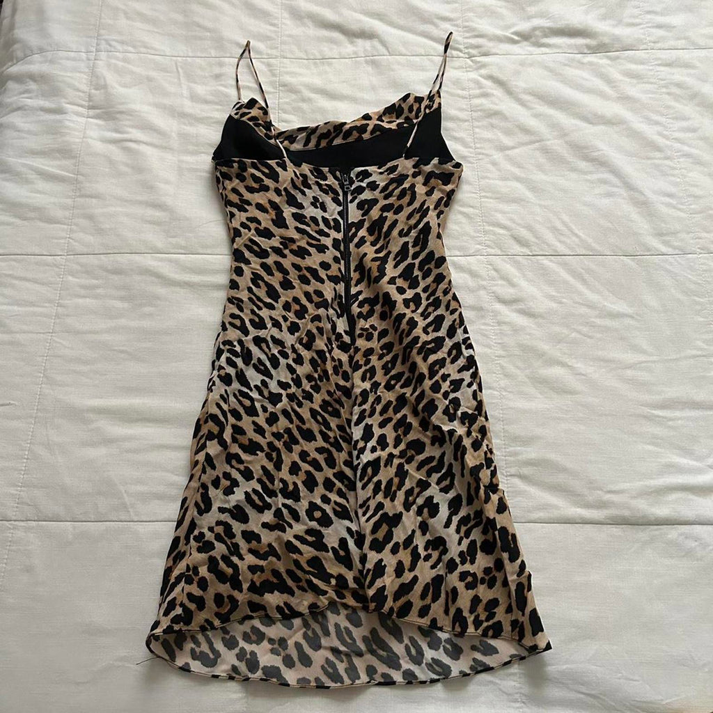 Alice + Olivia Brown and black leopard print bias cut draped mini dress Size 0