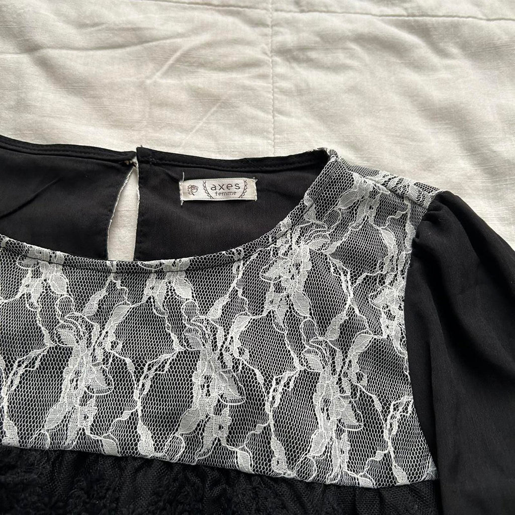 Axes Femme Black white lace bib dress with long sleeves Size medium
