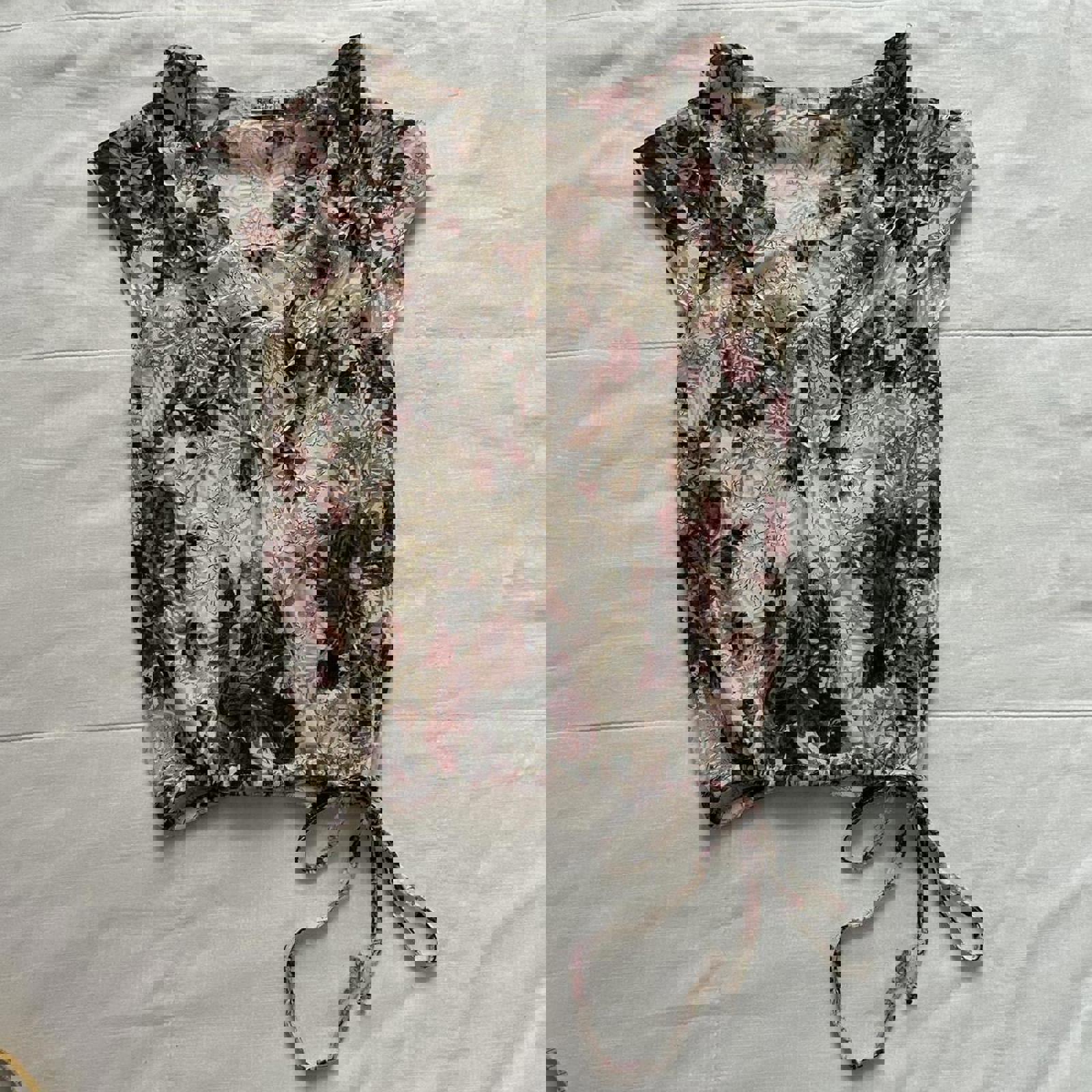 Cream and grey Rosa Cheri sheer peasant top with floral burnout