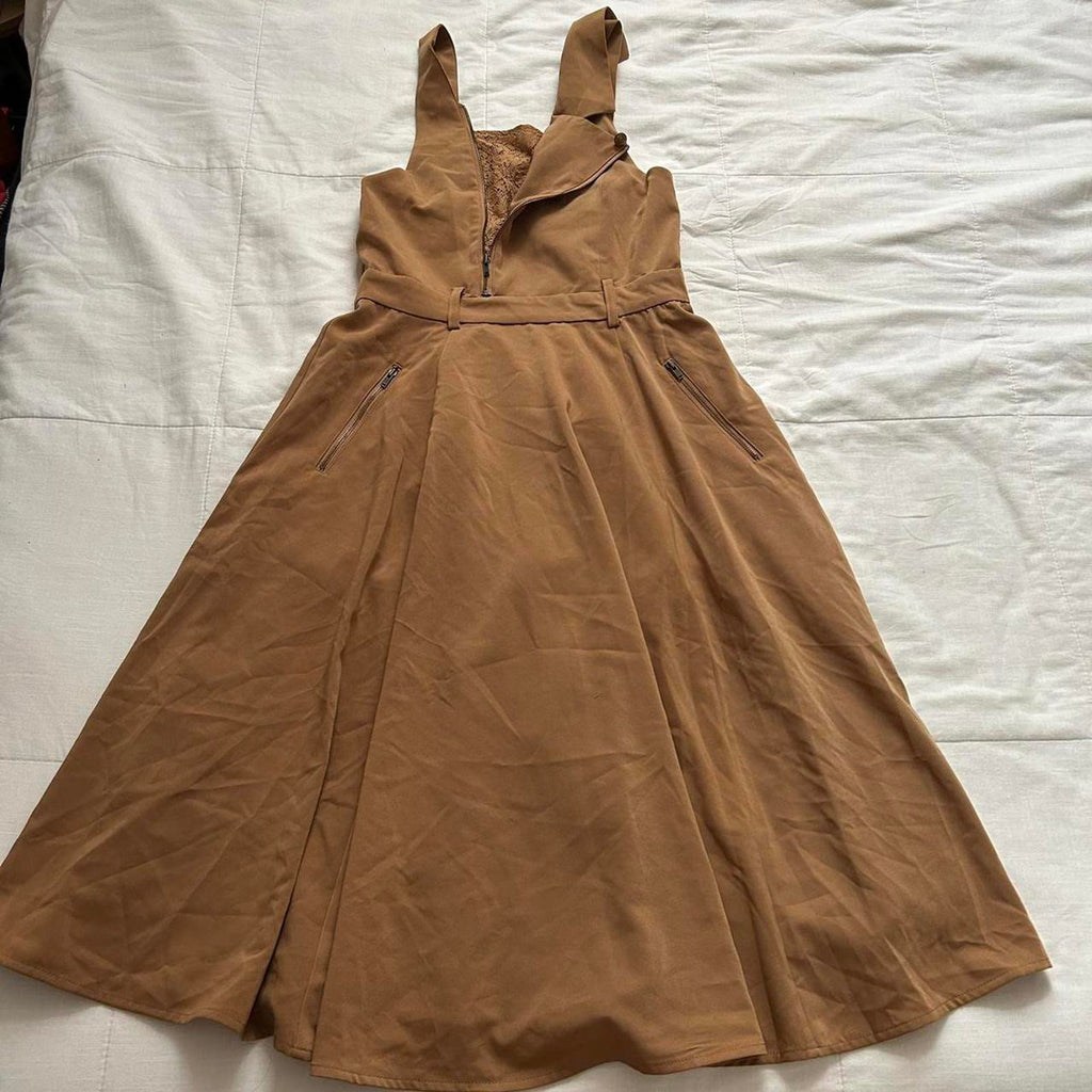 Axes Femme Brown midi dress with pinafore straps and zip detail at the front