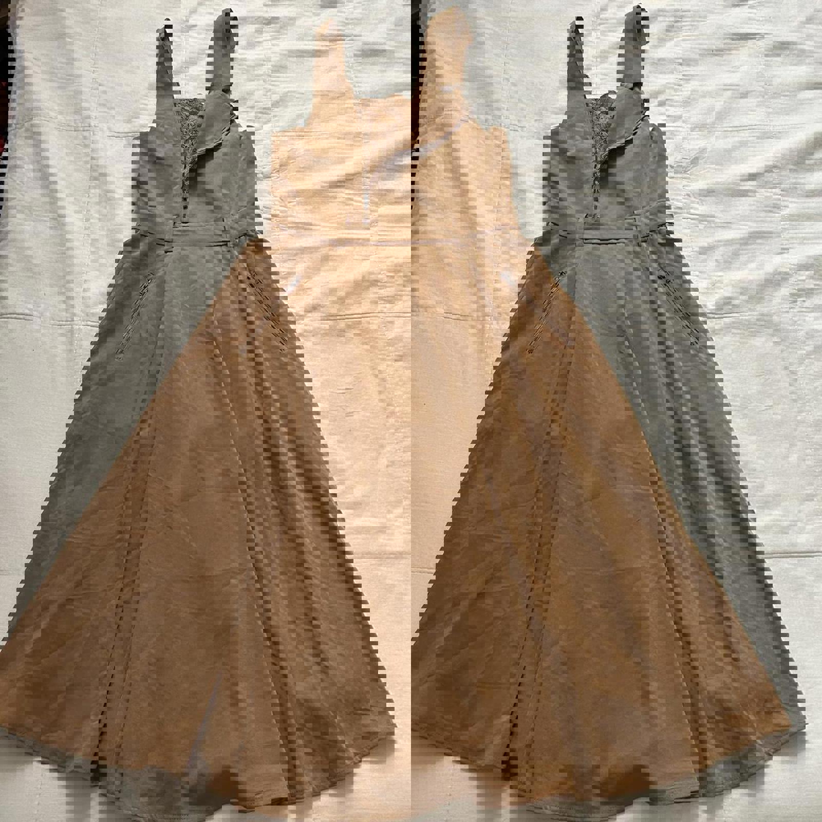 Axes Femme Brown midi dress with pinafore straps and zip detail at the front