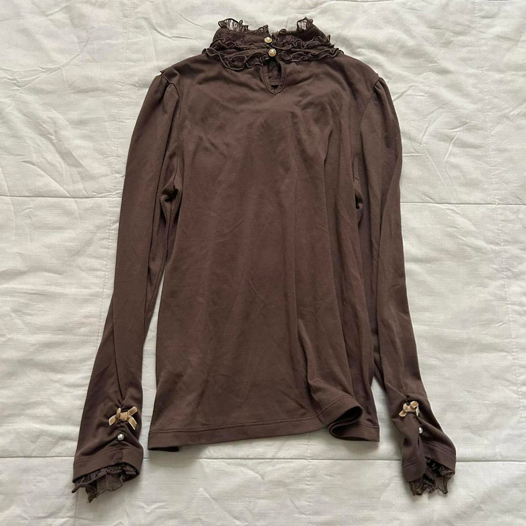 Axes Femme Brown long sleeve blouse lace high neck turtleneck Size medium
