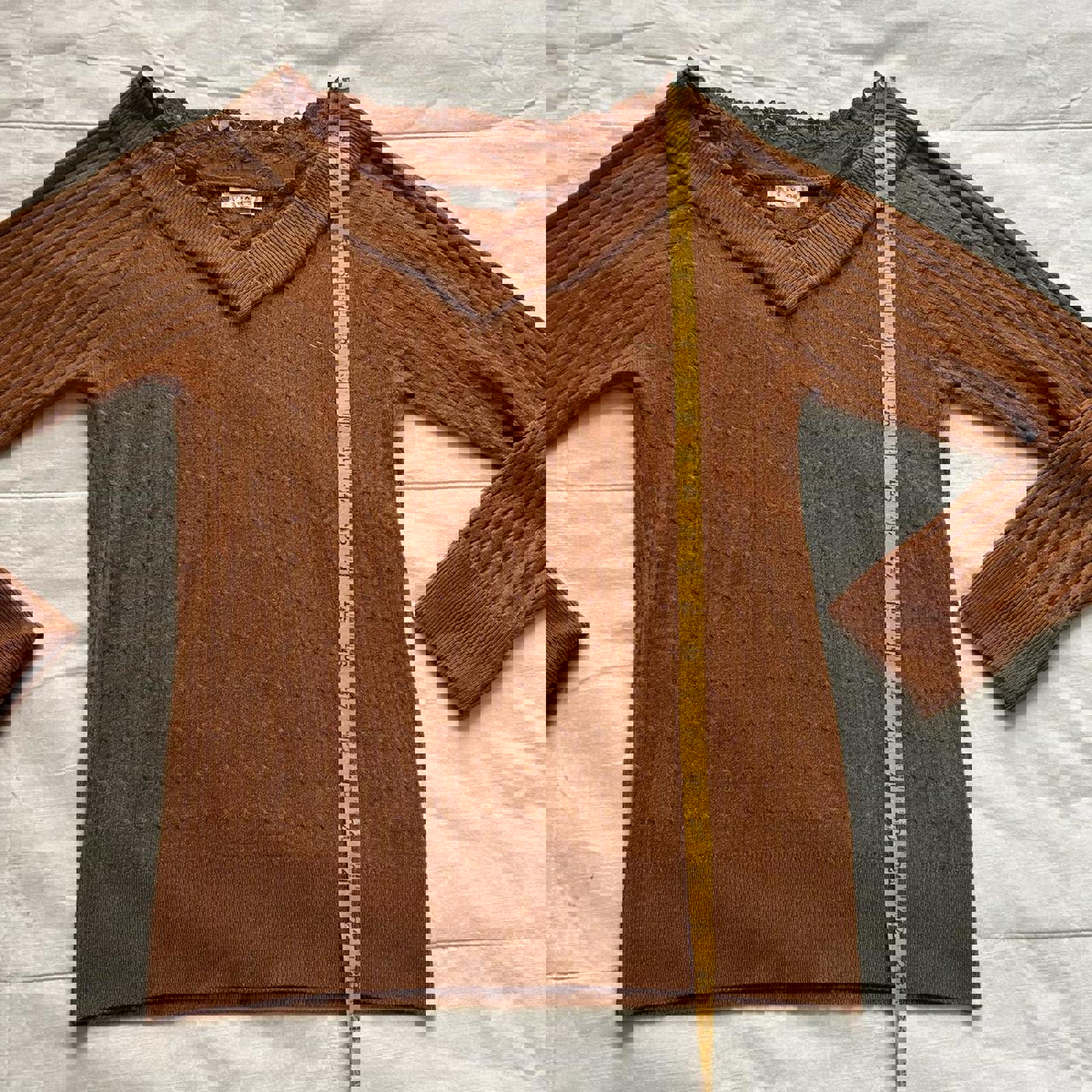 Axes Femme orange lace trim v neck ribbed cable knit sweater with a vintage vibe