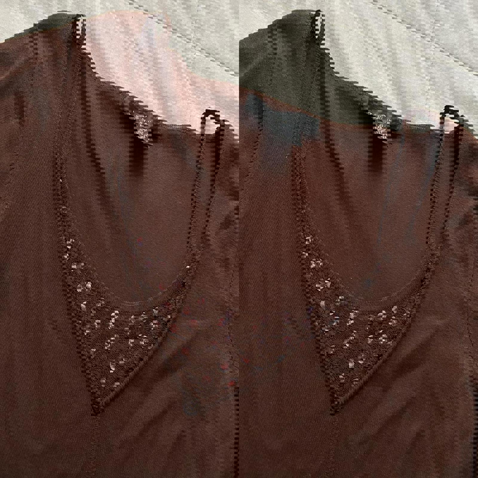 August Silk Brown prestyled layered look sweater top lace sequin underlay top